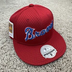 Atlanta Braves Hat Fitted 7 1/4 M&N Red Mesh BP Blue Script Side Patch Cap NWT